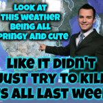Awww.  You'd Be Cuter If You Never Tried To Kill Us | Look at this weather being all springy and cute; like it didn't just try to kill us all last week | image tagged in weather man,memes,weather,too hot,perfect weather,lol | made w/ Imgflip meme maker