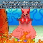 Sometimes bugspray doesn't even work. I once got bit real bad on my elbow when that happened. | How mosquitoes be acting when you're peacefully trying to mind your own business (they are going to mildly inconvenience you) | image tagged in mosquito attack,uhhhhh,memes,the dna of the soul | made w/ Imgflip meme maker