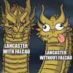 2 lions | LANCASTER
WITHOUT FALCAO; LANCASTER 
WITH FALCAO | image tagged in 2 lions | made w/ Imgflip meme maker