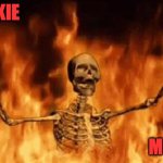 It burns it burns! | HOOKIE; MOOKI | image tagged in burning skeleton | made w/ Imgflip meme maker