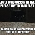 Cat Peeking | PEOPLE WHO GOSSIP IN TAXIS
PLEASE TRY TO TALK FAST; IT'S VERY PAINFUL GOING HOME WITHOUT KNOWING 
THE END OF THE STORY | image tagged in cat peeking | made w/ Imgflip meme maker