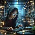 realistic human hacking a network and the servers in the backgro