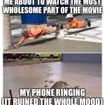 Did i do it? Did i find an original meme idea? | ME ABOUT TO WATCH THE MOST WHOLESOME PART OF THE MOVIE; MY PHONE RINGING (IT RUINED THE WHOLE MOOD) | image tagged in cat ruins concrete,movies | made w/ Imgflip meme maker