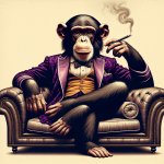Chimpanzee reclining on a sofa wearing a purple velvet smoking j