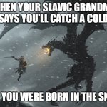 Skyrim Dragon Fight | WHEN YOUR SLAVIC GRANDMA SAYS YOU'LL CATCH A COLD; BUT YOU WERE BORN IN THE SNOW | image tagged in skyrim dragon fight,slavic squat,slavic lives matter | made w/ Imgflip meme maker