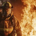 fire fighter amid flames stockcake