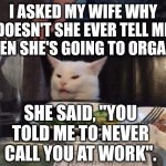 Smudge that darn cat | I ASKED MY WIFE WHY DOESN'T SHE EVER TELL ME WHEN SHE'S GOING TO ORGASM; SHE SAID, "YOU TOLD ME TO NEVER CALL YOU AT WORK". | image tagged in smudge that darn cat | made w/ Imgflip meme maker