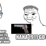 nooo haha go brrr | NOOO YOU CANT CARRY A 1911 ITS UNRELIABLE ITS OVER A HUNDRED YEARS OLD IT'LL JAM ITS TOO HEAVY NOOO; HAHA 1911 GO BRRR | image tagged in nooo haha go brrr,guns | made w/ Imgflip meme maker