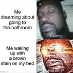 REAL sh1t? | Me dreaming about going to the bathroom; Me waking up with a brown stain on my bed | image tagged in memes,sleeping shaq | made w/ Imgflip meme maker