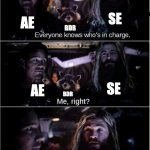 In Charge Thor Starlord AE/SE | SE; AE; BDR; SE; AE; BDR; SE; AE | image tagged in in charge thor starlord | made w/ Imgflip meme maker
