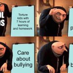 Gru's Plan | Torture kids with 7 hours of learning and homework; Take away phones; SCHOOL BOARDS; Care about bullying; Care about bullying | image tagged in memes,gru's plan,why,what,i hate it when,funny | made w/ Imgflip meme maker