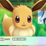 When you name your Eevee 'Veruca' in Let's Go, Eevee | MORE BERRIES; VERUCA | image tagged in eevee,veruca salt | made w/ Imgflip meme maker