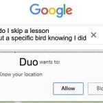 Always. Help. | How do I skip a lesson without a specific bird knowing I did; Duo | image tagged in wants to know your location | made w/ Imgflip meme maker