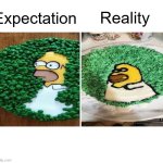 Homer Simpson vs. Gomer Dimpson | Expectation; Reality | image tagged in comparison table,memes,homer simpson,cake,fail,funny | made w/ Imgflip meme maker