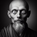 black and white photo of monk with bulging eyes