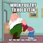 Why farts are emotional | WHEN YOU TRY TO HOLD IT IN; BUT THE FART HAS OTHER PLANS | image tagged in peter farting on meg | made w/ Imgflip meme maker