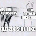Old Zoos be like: | MODERN ZOO ENCLOSURES; OLD, OUTDATED ENCLOSURES; OLD ZOOS BE LIKE: | image tagged in horse drawing | made w/ Imgflip meme maker