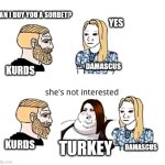 she's not interested | CAN I BUY YOU A SORBET? YES; DAMASCUS; KURDS; KURDS; TURKEY; DAMASCUS | image tagged in she's not interested,kurds,turkey,syria | made w/ Imgflip meme maker