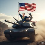 Gavin Newsom as a superhero driving a tank
