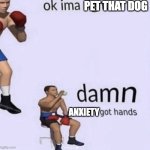 That dog BIG | PET THAT DOG; ANXIETY | image tagged in damn got hands | made w/ Imgflip meme maker