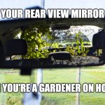 Gardeners on holiday | YOUR REAR VIEW MIRROR; WHEN YOU'RE A GARDENER ON HOLIDAY | image tagged in gardeners on holiday,gardening,funny,holiday,mirror,plants | made w/ Imgflip meme maker