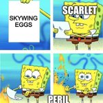 Any wolf fans here? | SKYWING EGGS; SCARLET; PERIL | image tagged in spongebob burning paper,wof,wings of fire | made w/ Imgflip meme maker