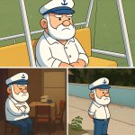 Lonely captain sitting, waiting, and sulking
