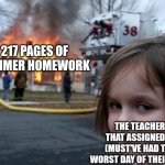 Disaster Girl | 217 PAGES OF SUMMER HOMEWORK; THE TEACHER THAT ASSIGNED IT (MUST'VE HAD THE WORST DAY OF THEIR LIFE) | image tagged in memes,disaster girl | made w/ Imgflip meme maker