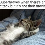 i sleep | Superheroes when there's an attack but it's not their movie | image tagged in sleeping cat,avengers,superheroes,movies,memes,funny | made w/ Imgflip meme maker