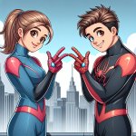 Male and female starting like spiderman pointing each other