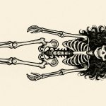 A cute monkey sitting on skeleton shoulder