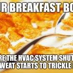 Your Breakfast Bowl | YOUR BREAKFAST BOWL; BEFORE THE HVAC SYSTEM SHUTS OFF
AND SWEAT STARTS TO TRICKLE DOWN | image tagged in cornflakes,hvac humor,sweat,hot breakfast | made w/ Imgflip meme maker