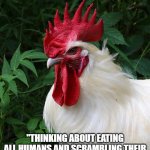 Chicken Thoughts | HMM, I WONDER... "THINKING ABOUT EATING ALL HUMANS AND SCRAMBLING THEIR UNBORN IN A GIANT FRYING PAN." | image tagged in chicken thoughts | made w/ Imgflip meme maker