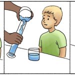 kid points at tall glass