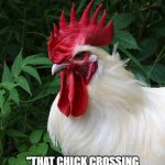 Chicken Thoughts | "HMM, I WONDER"; "THAT CHICK CROSSING THE ROAD IS POULTRY IN MOTION" | image tagged in chicken thoughts | made w/ Imgflip meme maker
