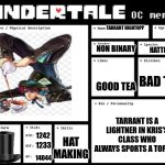 ugi | TARRANT HIGHTOPP; 15; NON BINARY; HATTER; BAD TEA; GOOD TEA; TARRANT IS A LIGHTNER IN KRIS'S CLASS WHO ALWAYS SPORTS A TOP HAT; 1242; HAT MAKING; 1233; 14044 | image tagged in undertale oc template | made w/ Imgflip meme maker