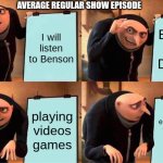 Average regular show episode | AVERAGE REGULAR SHOW EPISODE; I will listen to Benson; Buying the Donuts; playing videos games; Pops eats some of the donuts and gets ultra hyper | image tagged in memes,gru's plan | made w/ Imgflip meme maker