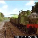 Oliver pulling trucks with Toad