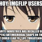 ironic | 'HOY, IMGFLIP USERS! DERMARITE INDUSTRIES HAS RECALLED SEVERAL ANTISEPTIC/ANTIMICROBIAL SOAPS ON THE BASIS THAT THEY COULD LEAD TO "LIFE-THREATENING SEPSIS" | image tagged in haruhi stare | made w/ Imgflip meme maker