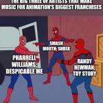 Spider Man Triple | THE BIG THREE OF ARTISTS THAT MAKE MUSIC FOR ANIMATION'S BIGGEST FRANCHISES; SMASH MOUTH; SHREK; PHARRELL WILLIAMS; DESPICABLE ME; RANDY NEWMAN; TOY STORY | image tagged in spider man triple | made w/ Imgflip meme maker