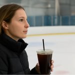 Hockey mom with coffee at rink