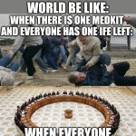It's pure chaos and I LOVE IT | DANDY'S WORLD BE LIKE:; WHEN THERE IS ONE MEDKIT AND EVERYONE HAS ONE IFE LEFT:; WHEN EVERYONE IS IN THE ELEVATOR: | image tagged in men discussing men fighting | made w/ Imgflip meme maker
