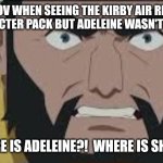 WHERE'S SHE?!?!?! | MY POV WHEN SEEING THE KIRBY AIR RIDERS CHARACTER PACK BUT ADELEINE WASN'T THERE:; WHERE IS ADELEINE?!  WHERE IS SHE?!?! | image tagged in where is x,invincible,memes,adeleine | made w/ Imgflip meme maker