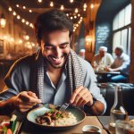 Man in a restaurant loving his food