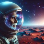 Old man in a space suit on mars