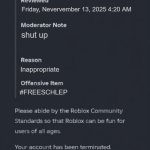 why is roblox so mean | Friday, Nevervember 13, 2025 4:20 AM; shut up; Inappropriate; #FREESCHLEP | image tagged in roblox terminated desktop/mobile app,freeschlep | made w/ Imgflip meme maker