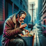 Homeless man eating out of a trash can