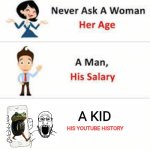 Never ask a woman her age | A KID; HIS YOUTUBE HISTORY | image tagged in never ask a woman her age | made w/ Imgflip meme maker