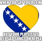 Bosnian Heart | WHEN YOU SAY YOU’RE FINE; BUT YOUR PLAYLIST IS JUST SAD SONGS ON REPEAT | image tagged in bosnian heart,bosnian lives matter | made w/ Imgflip meme maker