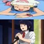 dawn laughs at jiro kyoka's jokes | WOW YOU ARE SO FUNNY JIRO; WHO LET THE CHICKENS RUN DISNEY ? | image tagged in who laughs at jiro kyoka's jokes,crossover memes,anime,pokemon memes,my hero academia,funny memes | made w/ Imgflip meme maker